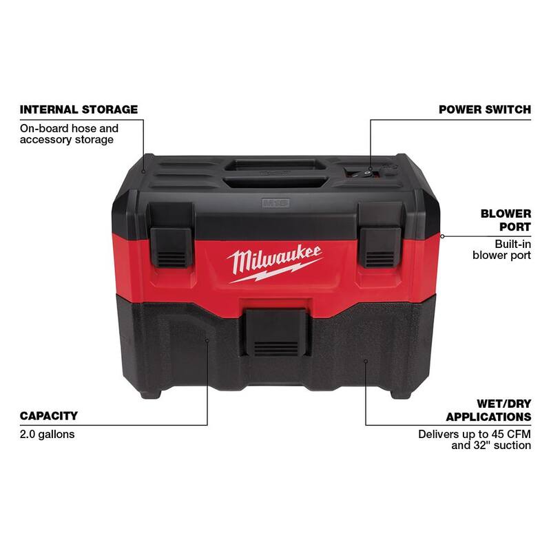 Milwaukee M18 18-Volt 2 Gal. Lithium-Ion Cordless Wet/Dry Vacuum and Wet/Dry Shop Vacuum Tool and Attachment Storage Bag - 0880-20-49-90-2019