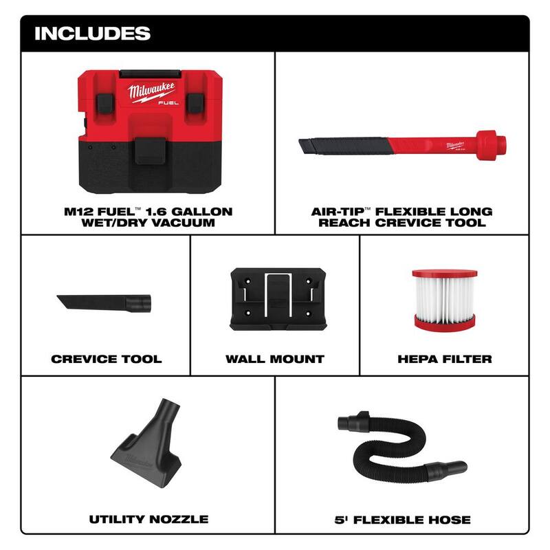 Milwaukee M12 FUEL 12-Volt Lithium-Ion Cordless 1.6 Gal. Wet/Dry Vacuumw/AIR-TIP 1-1/4 in. - 2-1/2 in. Flexible Crevice Tool - 0960-20-49-90-2030