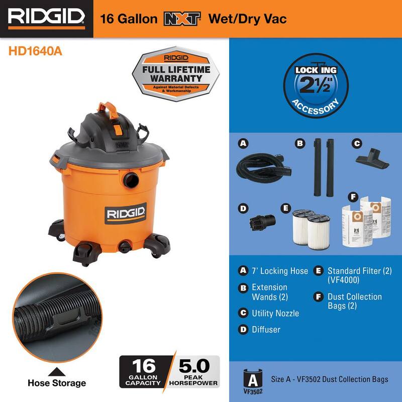 RIDGID 16 Gallon 5.0 Peak HP NXT Shop Vac Wet Dry Vacuum with General Debris Filters, Dust Bags, Hose, Diffuser, 3 Accessories - HD1640A