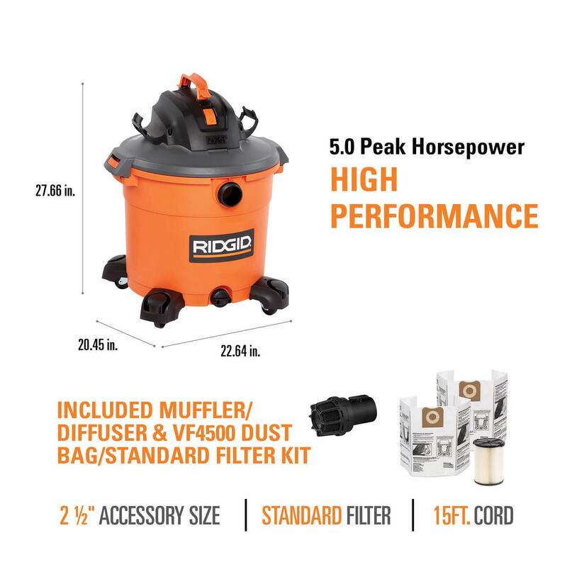 RIDGID 16 Gallon 5.0 Peak HP NXT Shop Vac Wet Dry Vacuum with General Debris Filters, Dust Bags, Hose, Diffuser, 3 Accessories - HD1640A