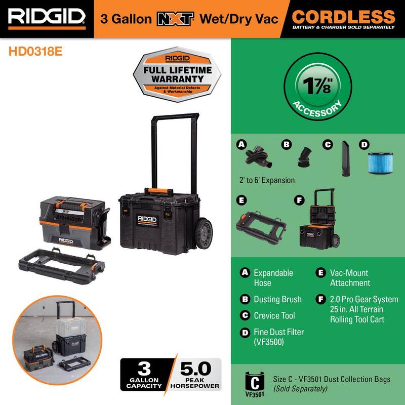 RIDGID 3 Gal. 18-Volt Cordless NXT Shop Vac Wet Dry Vacuum (Tool Only) with Accessories, Pro Gear Attachment, Rolling Tool Cart - HD0318E