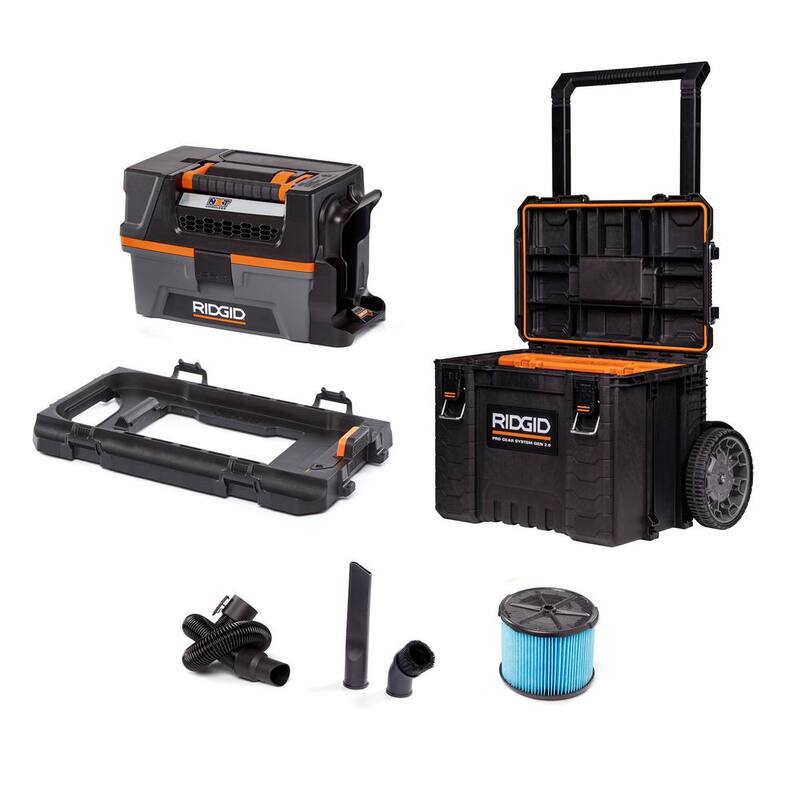 RIDGID 3 Gal. 18-Volt Cordless NXT Shop Vac Wet Dry Vacuum (Tool Only) with Accessories, Pro Gear Attachment, Rolling Tool Cart - HD0318E