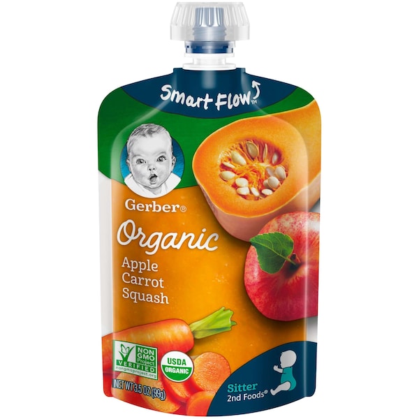 Alimentos para bebé orgánicos Gerber 2nd Foods de Manzana Zanahoria y Calabaza 3.5 oz., paquete de 12 - 00015000960148.