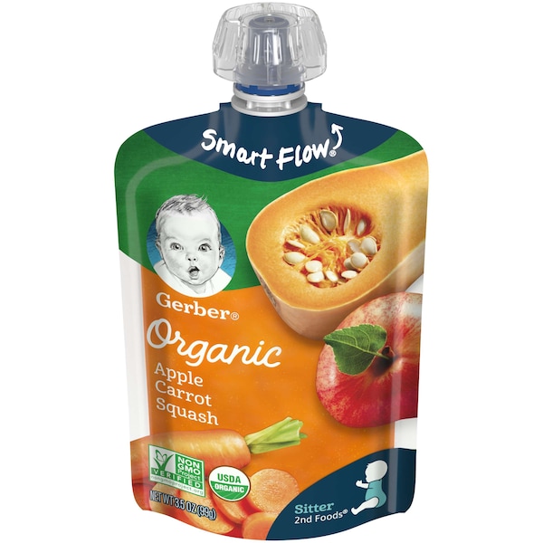 Alimentos para bebé orgánicos Gerber 2nd Foods de Manzana Zanahoria y Calabaza 3.5 oz., paquete de 12 - 00015000960148.