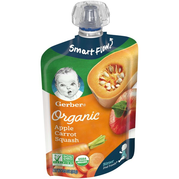 Alimentos para bebé orgánicos Gerber 2nd Foods de Manzana Zanahoria y Calabaza 3.5 oz., paquete de 12 - 00015000960148.
