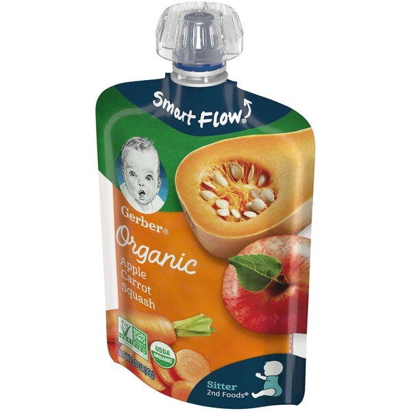 Alimentos para bebé orgánicos Gerber 2nd Foods de Manzana Zanahoria y Calabaza 3.5 oz., paquete de 12 - 00015000960148.
