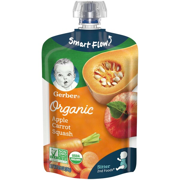 Alimentos para bebé orgánicos Gerber 2nd Foods de Manzana Zanahoria y Calabaza 3.5 oz., paquete de 12 - 00015000960148.