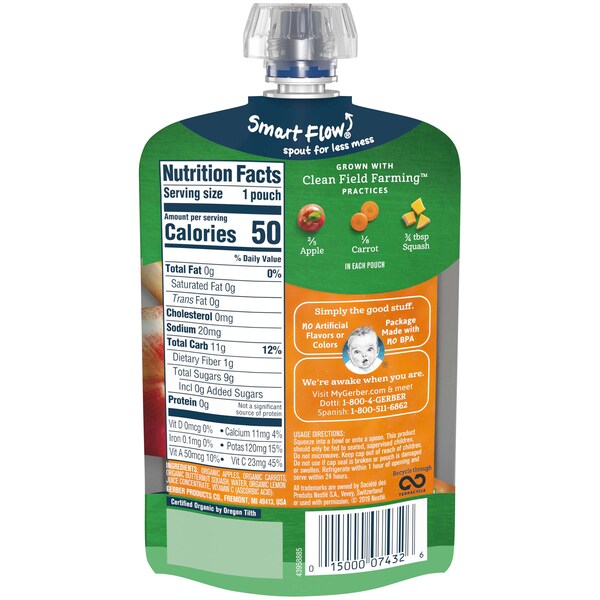 Alimentos para bebé orgánicos Gerber 2nd Foods de Manzana Zanahoria y Calabaza 3.5 oz., paquete de 12 - 00015000960148.