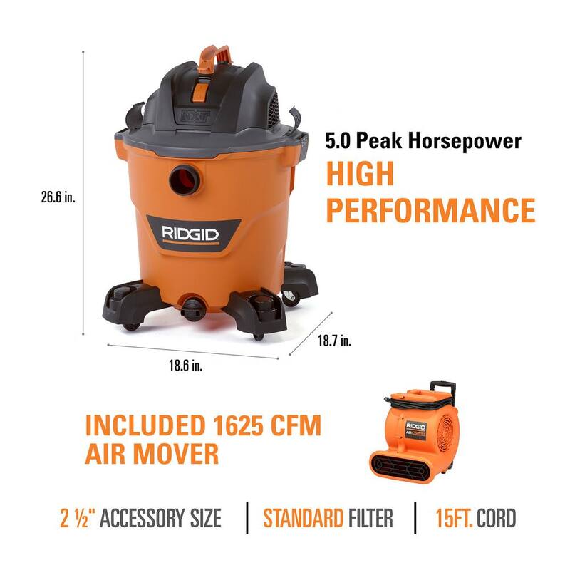 RIDGID 12 Gallon 5.0 Peak HP NXT Shop Vac Wet Dry Vacuum with Filter, Locking Hose, Accessories & 1625 CFM Blower Fan Air Mover - HD1200AM