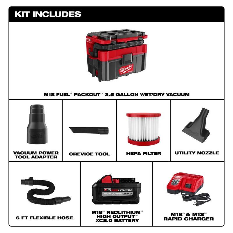 Milwaukee M18 FUEL PACKOUT 18-Volt Lithium-Ion Cordless 2.5 Gal. Wet/Dry Vacuum Kit with 8.0 Ah Battery and Charger - 0970-20​-48-59-1880