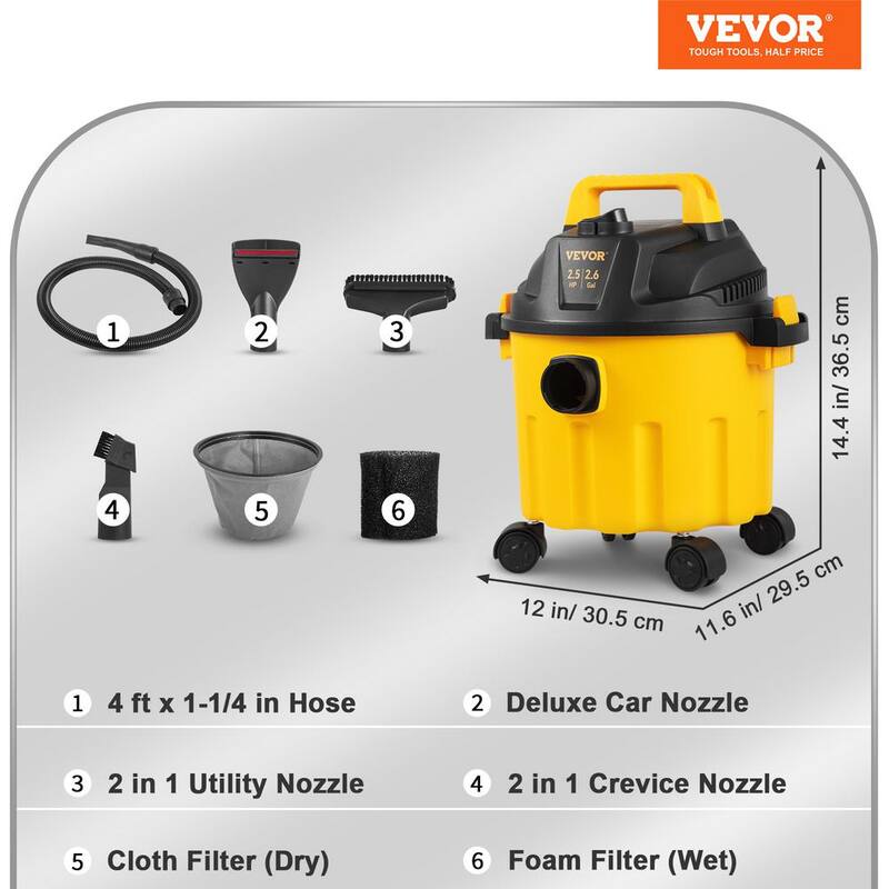 VEVOR Wet Dry Vac, 2.6 Gal., 2.5 Peak HP, 3 in 1 Portable Shop Vacuum with Blowing Function, Attachments Storage, Perfect - SYGSZK10L110VIU03V1-0830