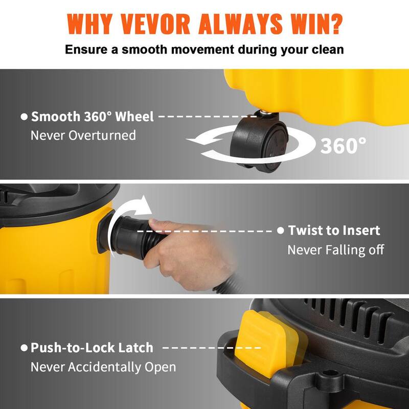 VEVOR Wet Dry Vac, 2.6 Gal., 2.5 Peak HP, 3 in 1 Portable Shop Vacuum with Blowing Function, Attachments Storage, Perfect - SYGSZK10L110VIU03V1-0830