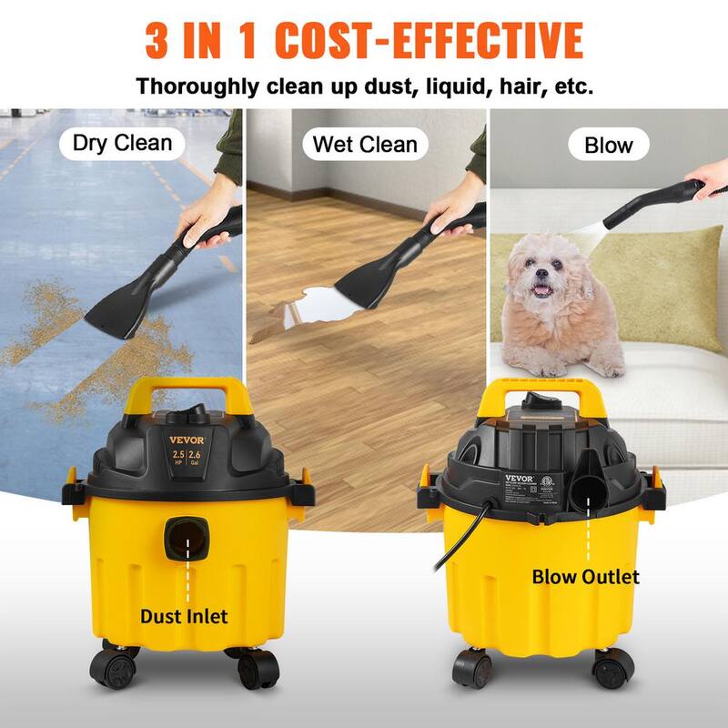 VEVOR Wet Dry Vac, 2.6 Gal., 2.5 Peak HP, 3 in 1 Portable Shop Vacuum with Blowing Function, Attachments Storage, Perfect - SYGSZK10L110VIU03V1-0830