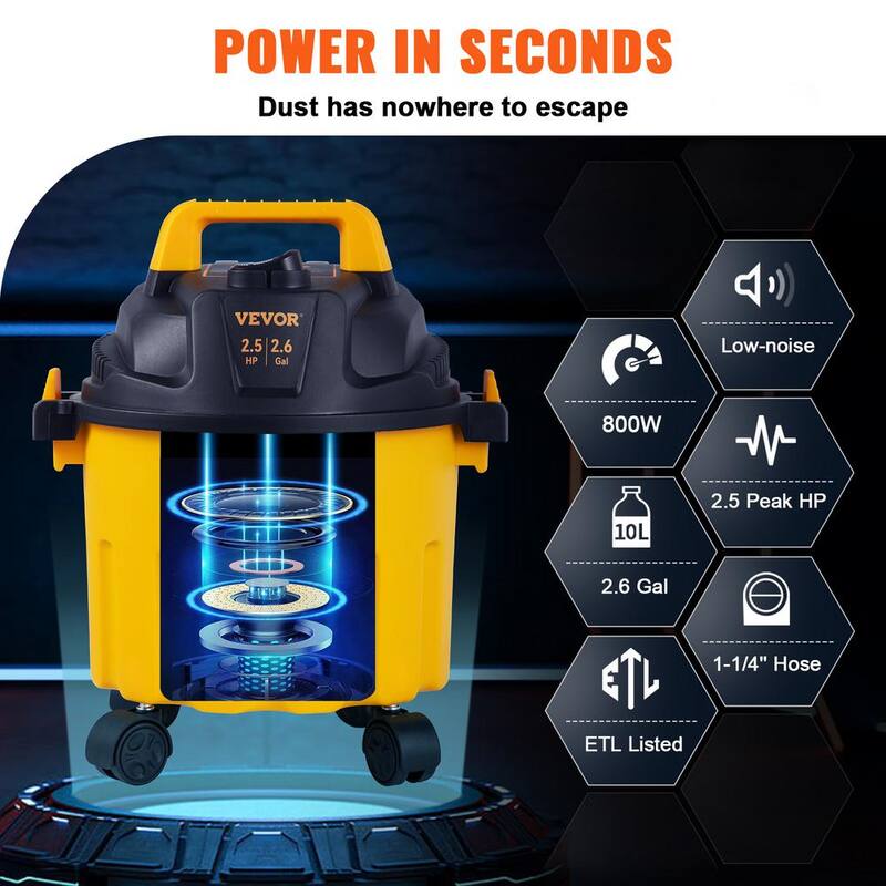 VEVOR Wet Dry Vac, 2.6 Gal., 2.5 Peak HP, 3 in 1 Portable Shop Vacuum with Blowing Function, Attachments Storage, Perfect - SYGSZK10L110VIU03V1-0830