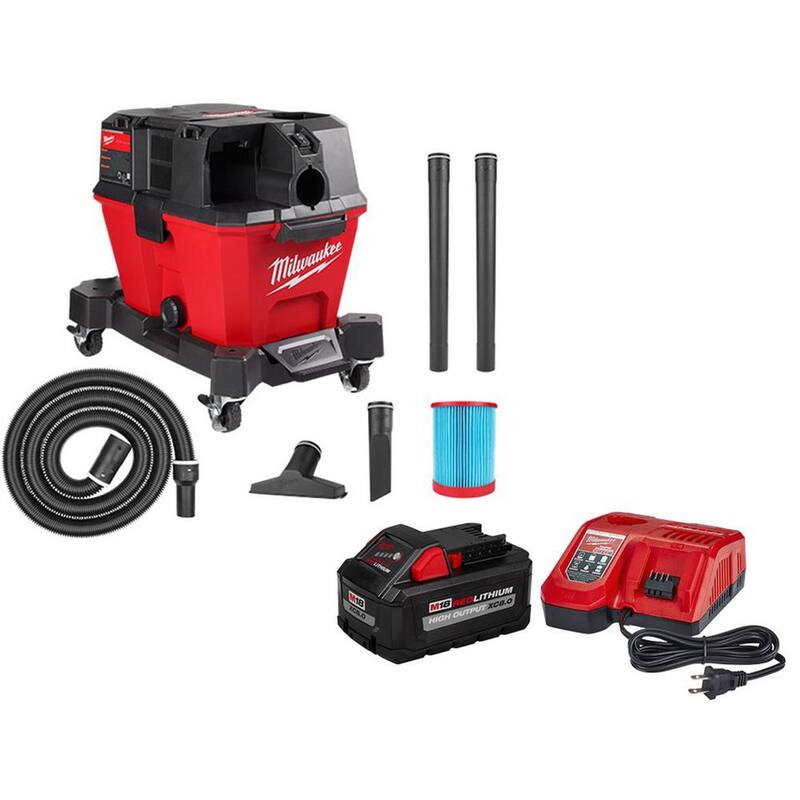 Milwaukee M18 FUEL 6 Gal. Cordless Wet/Dry Shop Vacuum W/Filter, Hose, Accessories and M18 8.0 Ah Battery and Rapid Charger Kit - 0910-20-48-59-1880