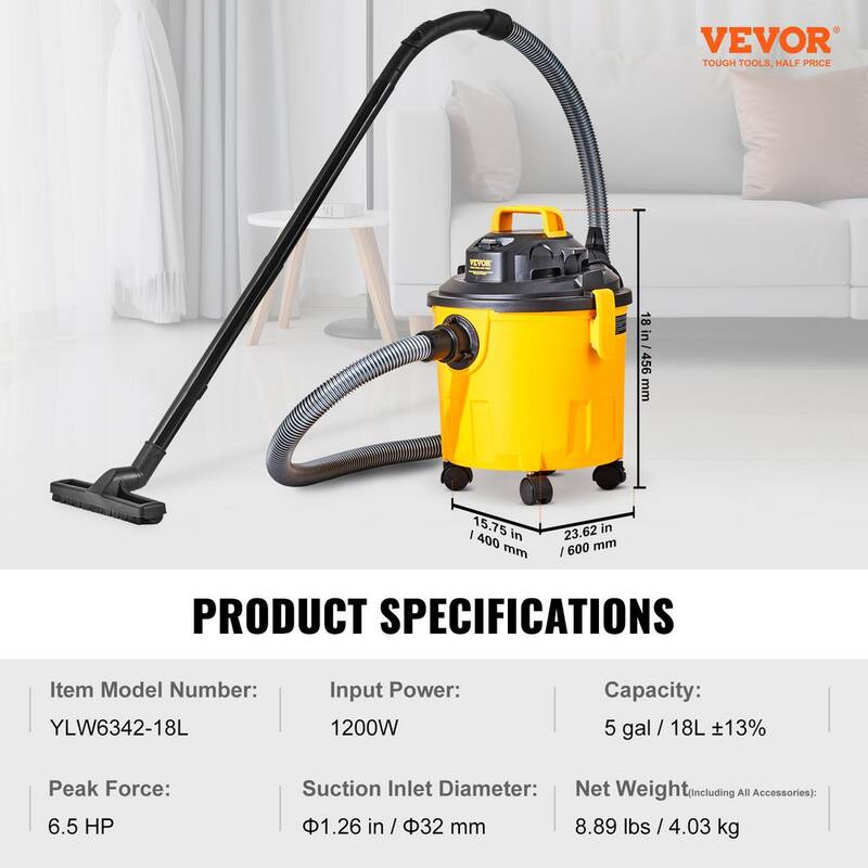 VEVOR Shop Vacuum Wet And Dry, 5 Gal. 6 Peak HP Wet/Dry Vac, Powerful Suction with Blower Function with Attachments 2-in-1 - SYGSZKXCQ18L3GOPZV1-0830