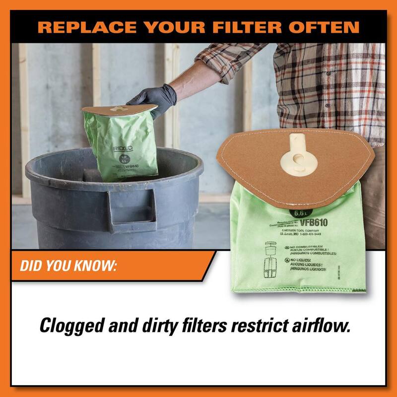 RIDGID Replacement Closed Top Dry Pick-up Only Fine Dust Filter Bags for RIDGID 6 Quart NXT Backpack Vacuum HDB600 (2-Pack) - VFB610