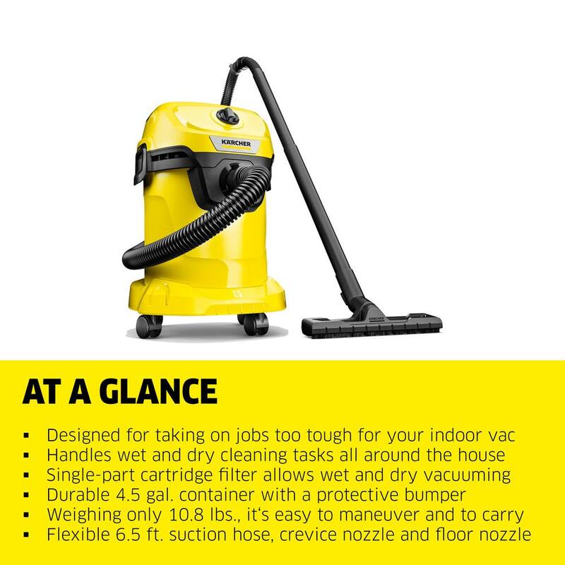 Karcher WD 3 Multi-Purpose 4.5 Gal. Wet-Dry Shop Vacuum Cleaner with Attachments, Blower Feature and Compact Design 1000-Watt - 1.628-114.0
