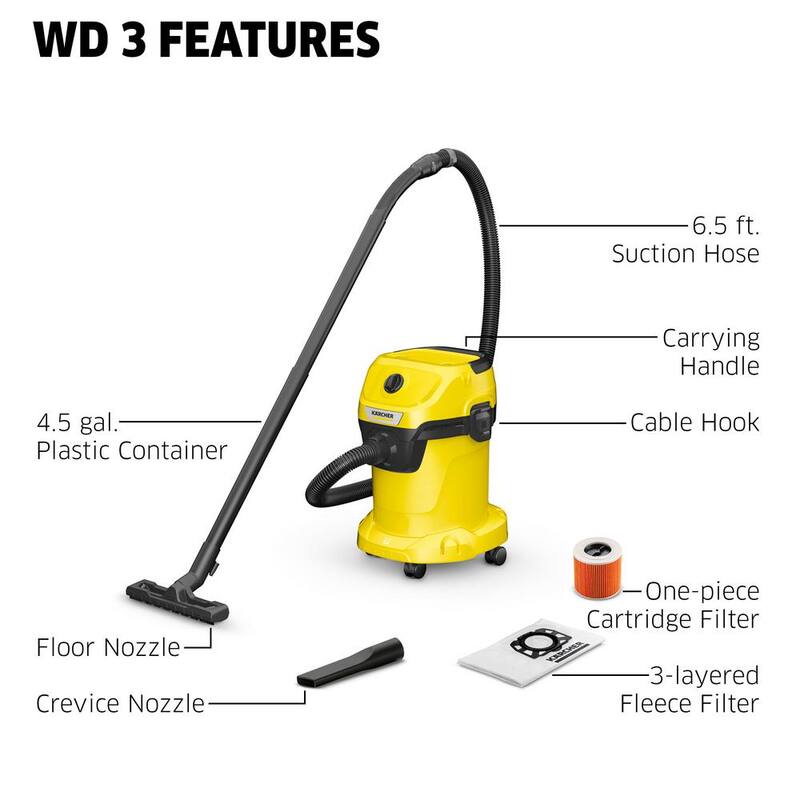Karcher WD 3 Multi-Purpose 4.5 Gal. Wet-Dry Shop Vacuum Cleaner with Attachments, Blower Feature and Compact Design 1000-Watt - 1.628-114.0