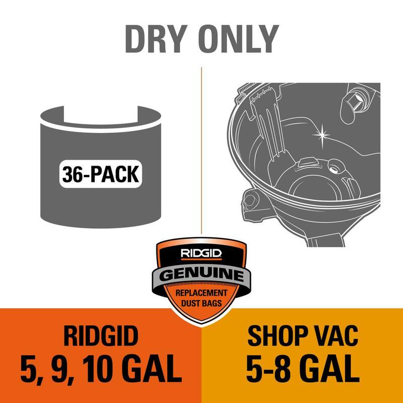 RIDGID High-Eff. Wet Dry Vacuum Dry Pick-up Only Dust Bags for Select 5-10 Gallon RIDGID Vacs, except HD0600, Size B (36-Pack) - VF3503D