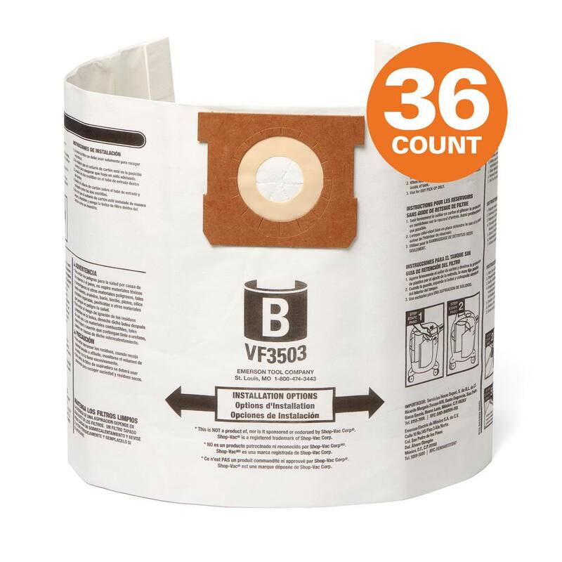 RIDGID High-Eff. Wet Dry Vacuum Dry Pick-up Only Dust Bags for Select 5-10 Gallon RIDGID Vacs, except HD0600, Size B (36-Pack) - VF3503D