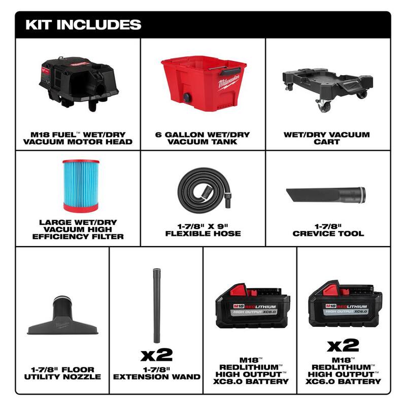 Milwaukee M18 FUEL 6 Gal. Cordless Wet/Dry Shop Vacuum w/HIGH OUTPUT XC 8.0 Ah Battery & High Output 6.0Ah Batteries (2-Pack) - 0910-20-48-11-1880-48-11-1862