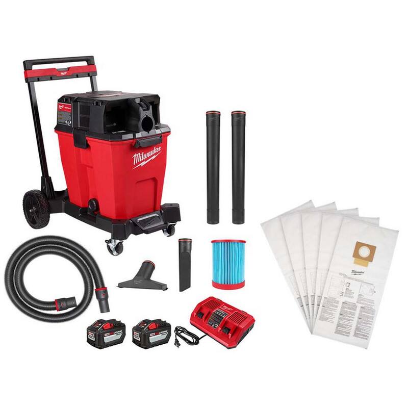 Milwaukee M18 FUEL 12 Gallon Cordless DUAL-BATTERY Wet/Dry Shop Vac Kit W/12.0 Ah Battery and Charger w/Fleece Dust Bags (5-Pack) - 0930-22HD-49-90-1999