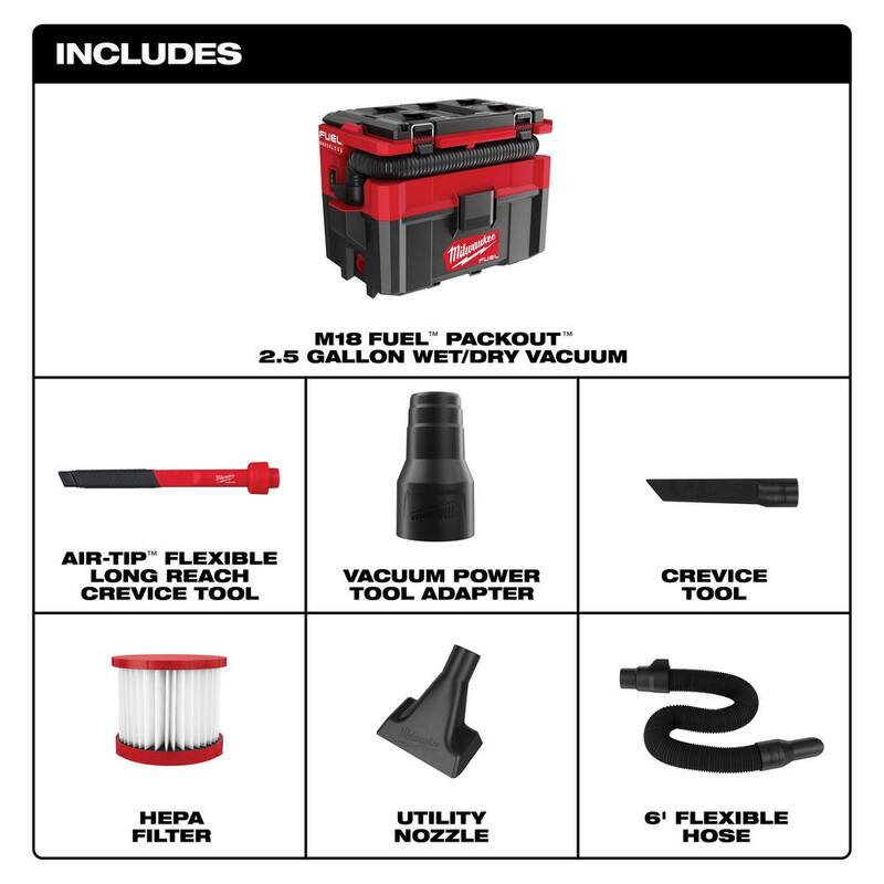 Milwaukee M18 FUEL PACKOUT 18-Volt Lithium-Ion Cordless 2.5 Gal. Wet/Dry Vac w/AIR-TIP 1-1/4 in. - 2-1/2 in. Flexible Crevice Tool - 0970-20-49-90-2030