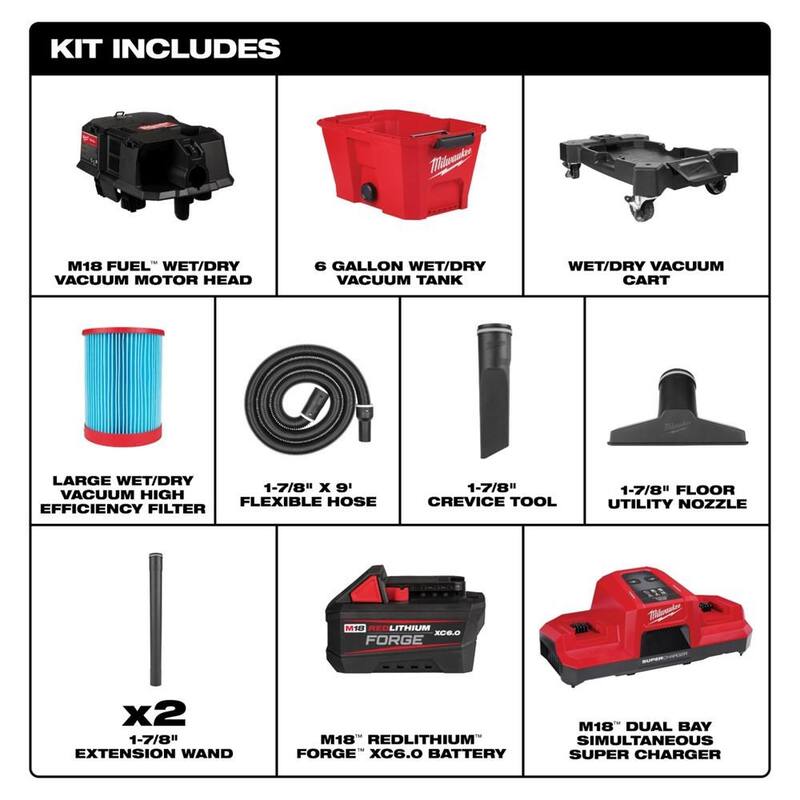 Milwaukee M18 FUEL 6 Gal. Cordless Wet/Dry Shop Vacuum with REDLITHIUM FORGE 6.0Ah Battery Pack & Simultaneous Super Charger - 0910-20-48-11-1861-48-59-1815