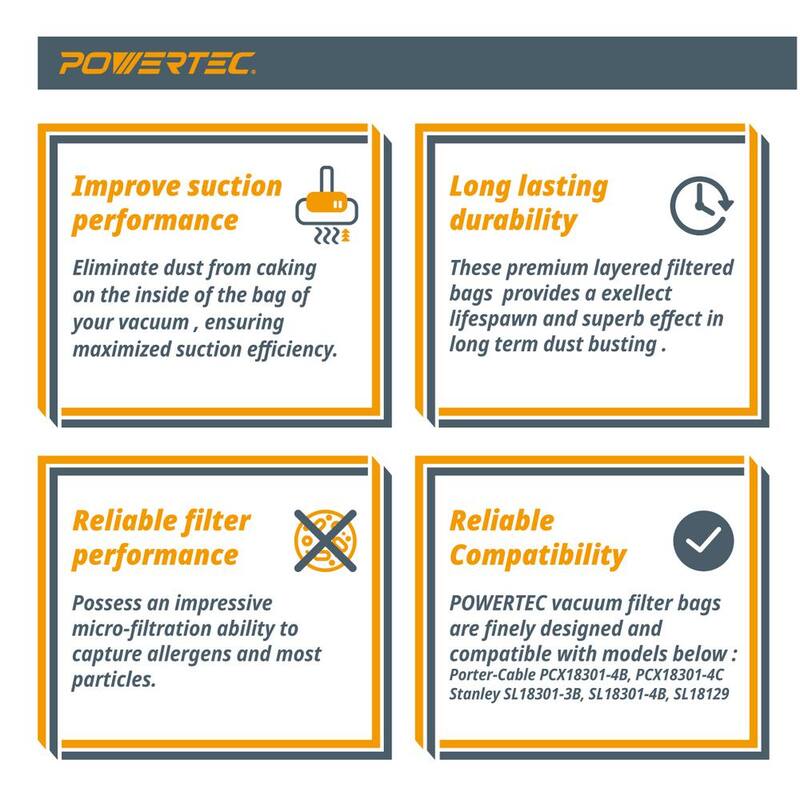 POWERTEC 4 Gal. Vacuum Bag for Stanley 25-1238/ Porter Cable PCX18301-4B, Replacement Filter Bag for Stanley, Porter Cable (6PK) - 75051-P2