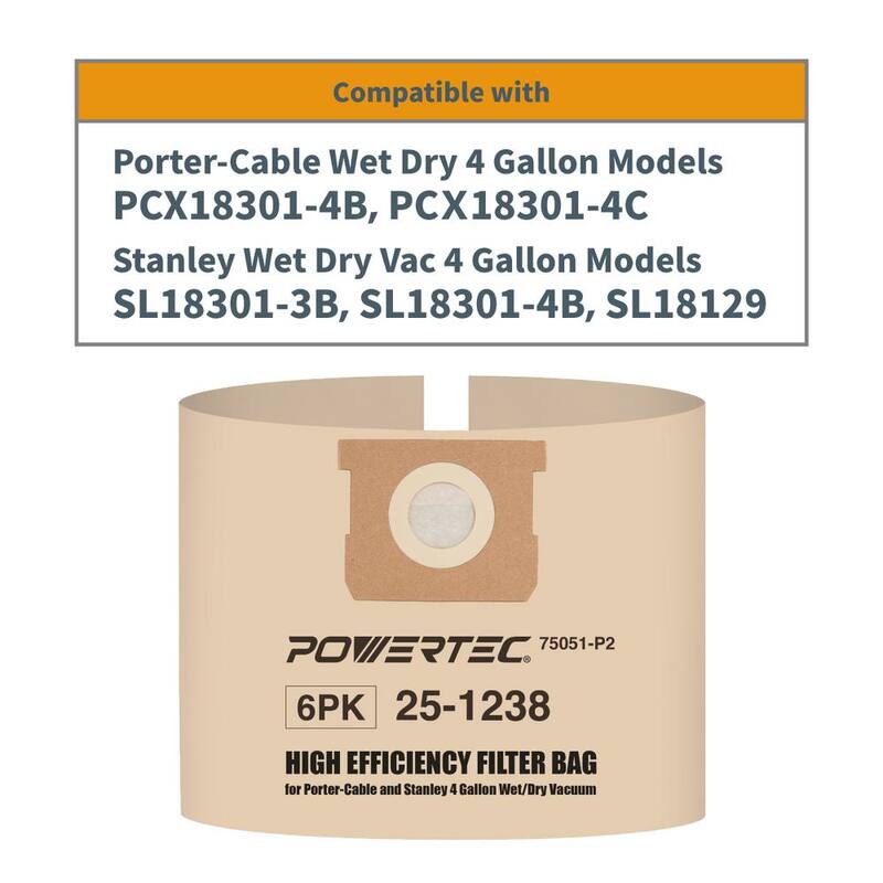 POWERTEC 4 Gal. Vacuum Bag for Stanley 25-1238/ Porter Cable PCX18301-4B, Replacement Filter Bag for Stanley, Porter Cable (6PK) - 75051-P2