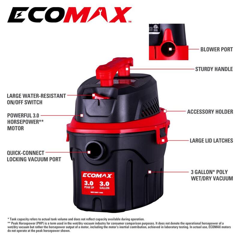ECOMAX 3 Gal. 3 HP Poly Wet/Dry Vac - EM18910P-3