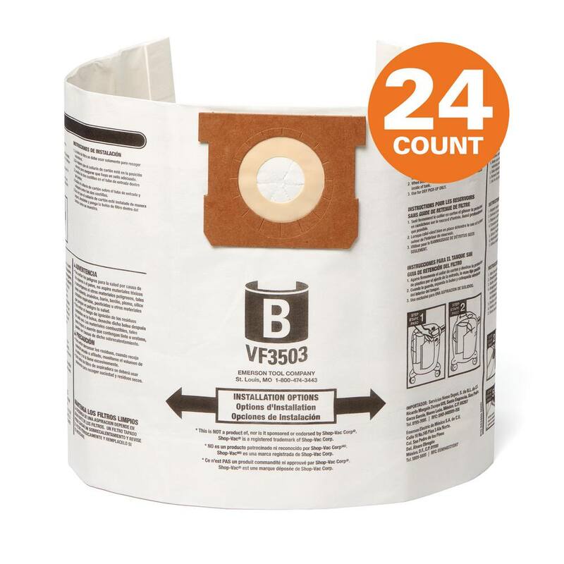 RIDGID High-Eff. Wet Dry Vacuum Dry Pick-up Only Dust Bags for Select 5-10 Gallon RIDGID Vacs, except HD0600, Size B (24-Pack) - VF3503C