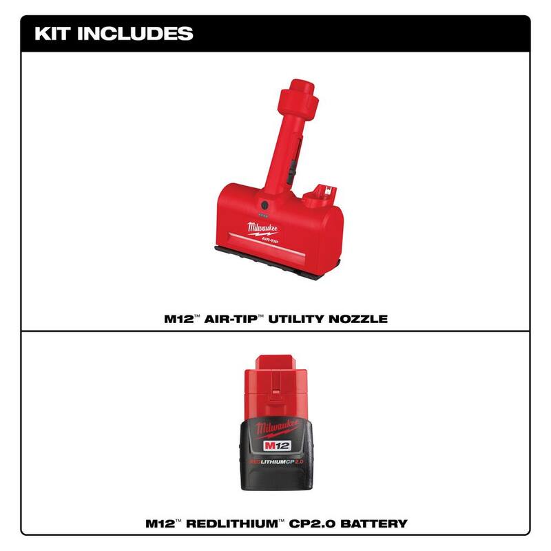 Milwaukee M12 AIR-TIP 1-1/4 in. - 2-1/2 in. Wet/Dry Shop Vacuum Utility Nozzle Attachment w/M12 2.0 Ah Compact Battery Pack - 0980-20-48-11-2420