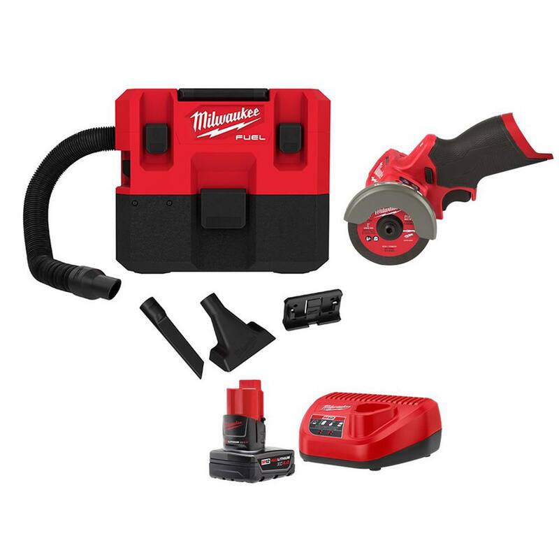 Milwaukee M12 FUEL 12-Volt Lithium-Ion Cordless 1.6 Gal. Wet/Dry Vacuum and Cut Off Saw Kit with 4.0 Ah Battery and Charger - 0960-20-48-59-2440-2522-20