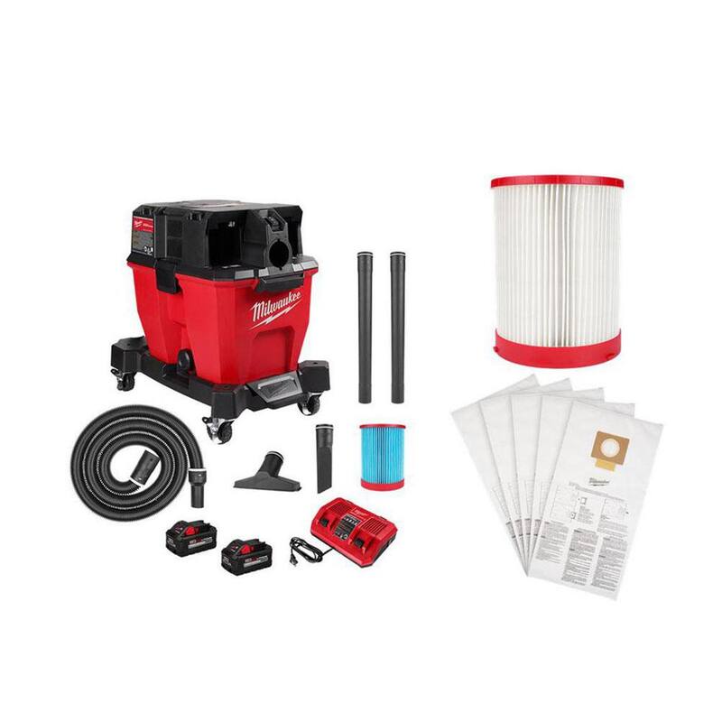 Milwaukee M18 FUEL 9 Gal. Cordless Dual-Battery Wet/Dry Shop Vacuum Kit withHE Filter, HEPA Filter and (5-Pack) Fleece Dust Bags - 0920-22HD-49-90-1977-49-90-1989