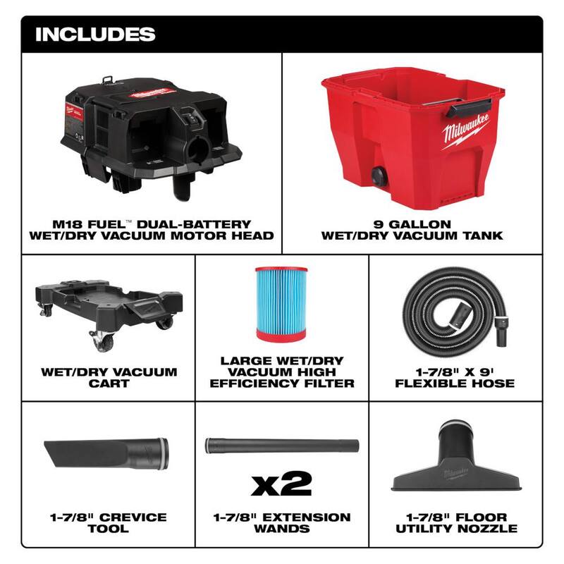 Milwaukee M18 FUEL 9 Gal. Cordless Dual-Battery Wet/Dry Shop Vacuum w/AIR-TIP 1-1/4 in. - 2-1/2 in. Brush, Crevice and Nozzle Kit - 0920-20-49-90-2027-49-90-2034