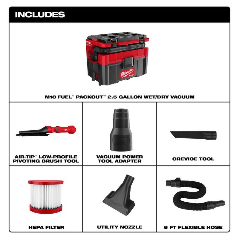 Milwaukee M18 FUEL PACKOUT 18-Volt Lithium-Ion Cordless 2.5 Gal. Wet/Dry Vacuum and AIR-TIP Low-Profile Pivoting Brush Attachment - 0970-20-49-90-2027