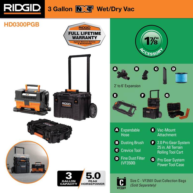 RIDGID 3 Gal. 5.0 Peak HP NXT Shop Vac Wet Dry Vacuum with Accessories, Pro Gear Attachment, Rolling Tool Cart and Tool Case - HD0300PGB
