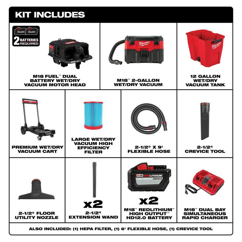 Milwaukee M18 FUEL 12 Gal. Cordless Dual-Battery Wet/Dry Shop Vac Kit & M18 2 Gal Wet/Dry Vac - 0930-22HD-0880-20