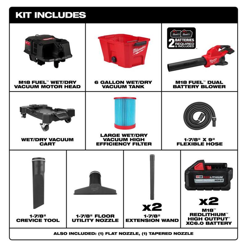 Milwaukee M18 FUEL 6 Gal. Cordless Wet/Dry Shop Vacuum & Dual Battery Handheld Blower w/M18 High Output 6.0Ah Batteries (2-Pack) - 0910-20-2824-20-48-11-1862
