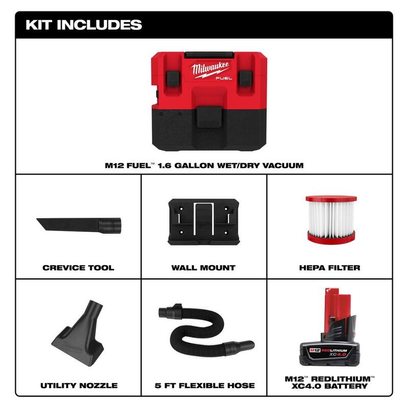 Milwaukee M12 FUEL 12-Volt Lithium-Ion Cordless 1.6 Gal. Wet/Dry Vacuum and M12 XC Extended Capacity Battery Pack 4.0Ah - 0960-20-48-11-2440