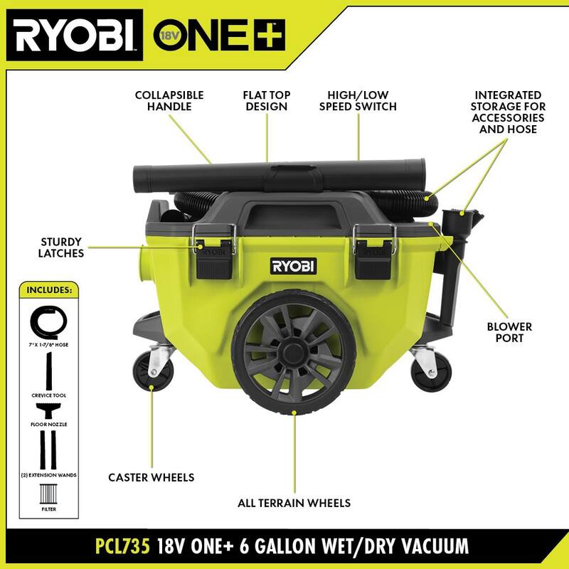 RYOBI ONE+ 18V Cordless 6 Gal. Wet Dry Vacuum (Tool Only) with 7 ft. x 1-7/8 in. Replacement Hose - A32VH02-PCL735B