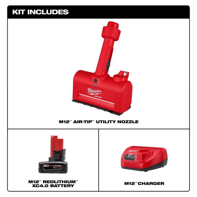 Milwaukee M12 AIR-TIP 1-1/4 in. - 2-1/2 in. Wet/Dry Shop Vacuum Utility Nozzle Attachment Kit with XC 4.0 Ah Battery and Charger - 0980-20-48-59-2440