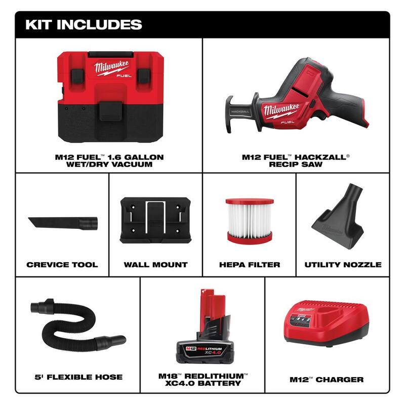 Milwaukee M12 FUEL 12-Volt Lithium-Ion Cordless 1.6 Gal. Wet/Dry Vacuum w/M12 FUEL HACKZALL Reciprocating Saw Kit - 0960-20-2520-21XC