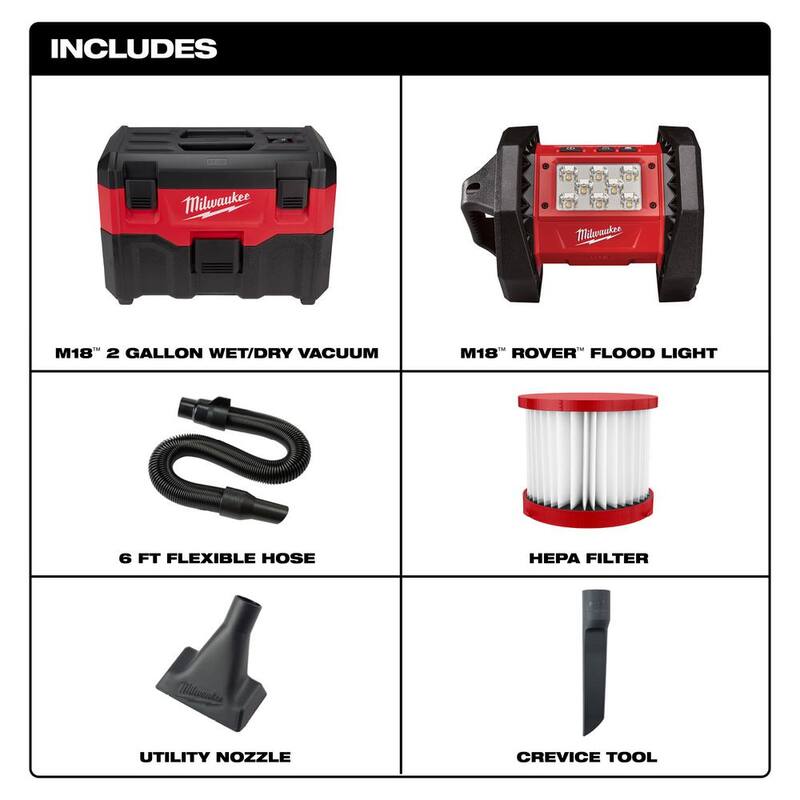 Milwaukee M18 18-Volt 2 Gal. Lithium-Ion Cordless Wet/Dry Vacuum with M18 Rover 18-Volt Lithium-Ion 1500 Lumens LED Flood Light - 0880-20-2361-20