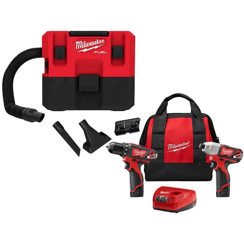 Milwaukee M12 FUEL 12-Volt Lithium-Ion Cordless 1.6 Gal. Wet/Dry Vacuum w/M12 Drill and Impact Driver Kit w/Batteries and Charger - 0960-20-2494-22