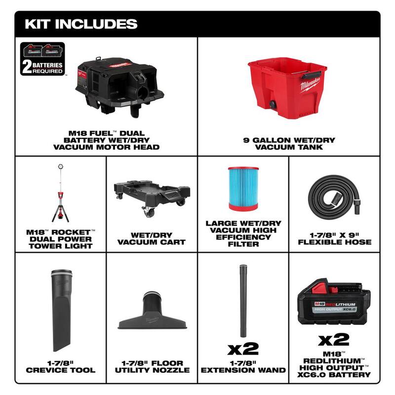 Milwaukee M18 FUEL 9 Gal. Cordless DUAL-BATTERY Wet/Dry Shop Vacuum & Dual Power Tower Light w/M18 6.0Ah Batteries (2-Pack) - 0920-20-2131-20-48-11-1862