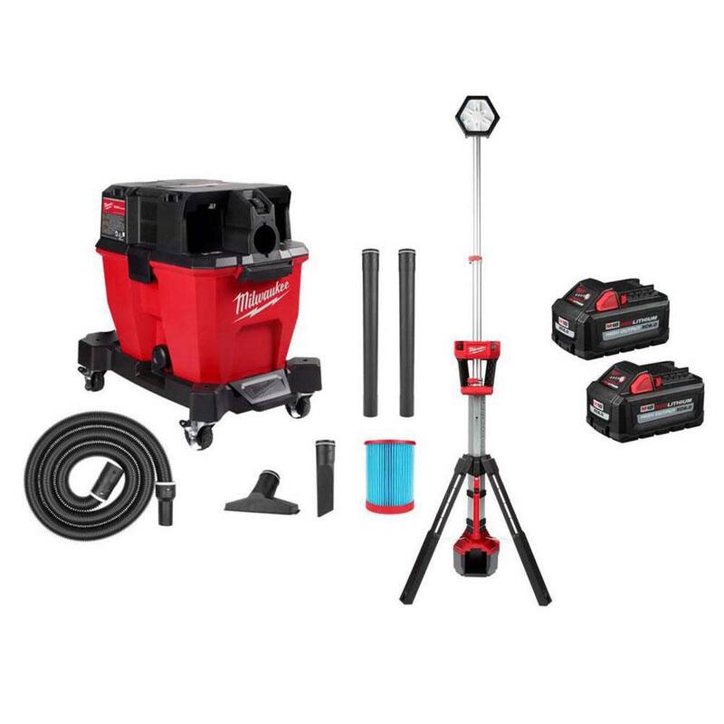 Milwaukee M18 FUEL 9 Gal. Cordless DUAL-BATTERY Wet/Dry Shop Vacuum & Dual Power Tower Light w/M18 6.0Ah Batteries (2-Pack) - 0920-20-2131-20-48-11-1862