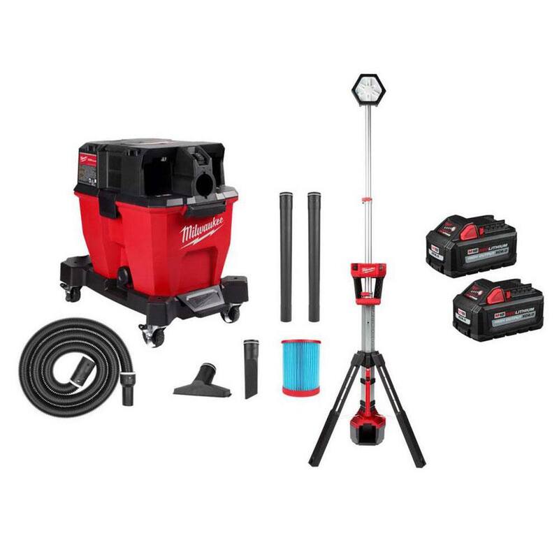 Milwaukee M18 FUEL 9 Gal. Cordless DUAL-BATTERY Wet/Dry Shop Vacuum & Dual Power Tower Light w/M18 6.0Ah Batteries (2-Pack) - 0920-20-2131-20-48-11-1862